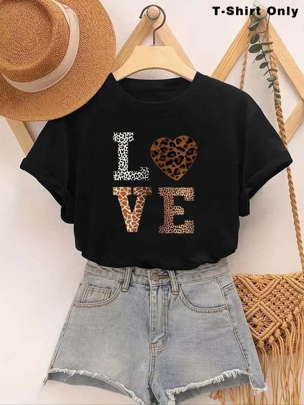 Women's Leopard & Letter Print Round Neck Tee, Casual Heart Print Short Sleeve T-shirt, Women's Top for Summer Daily Wear...