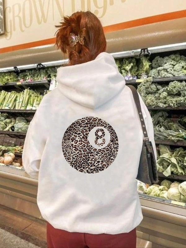 Women's Leopard & Number Print Drawstring Pocket Hoodie, Fashion Casual Hooded Sweatshirt for Daily Holiday Outdoor Wear,...
