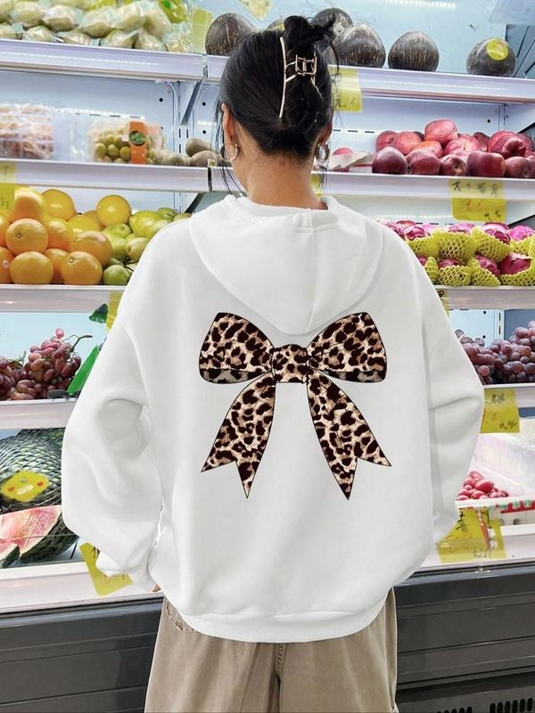 Women's Leopard Bow Print Drop Shoulder Hoodie, Fashion Casual Drawstring Pocket Hooded Sweatshirt for Daily Holiday...