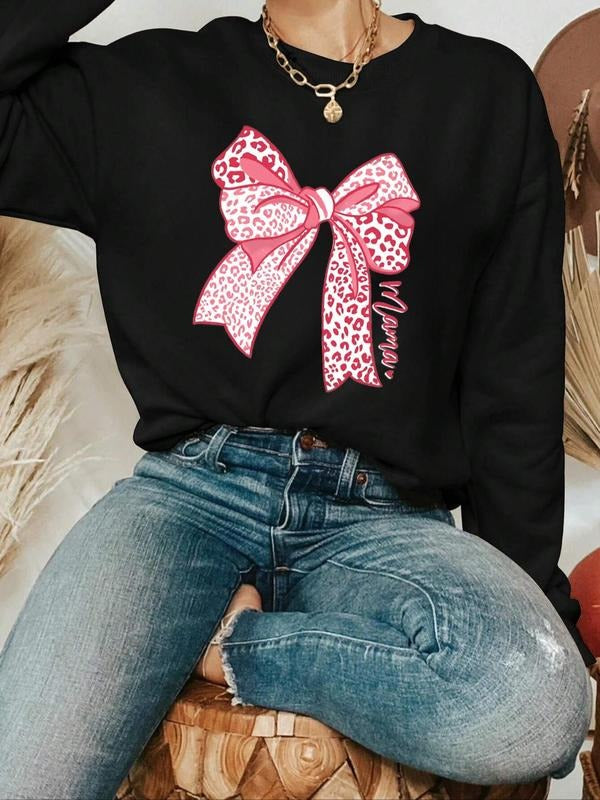 Women's Leopard Bow Print Drop Shoulder Sweatshirt, Fashion Casual Long Sleeve Round Neck Pullover for Daily Holiday...