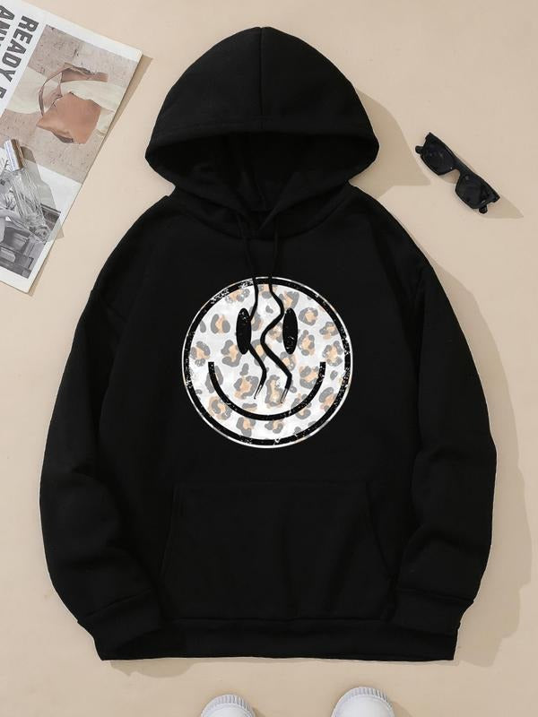 Women's Leopard Cartoon Smile Face Print Drawstring Pocket Hoodie, Casual Drop Shoulder Long Sleeve Hooded Sweatshirt,...
