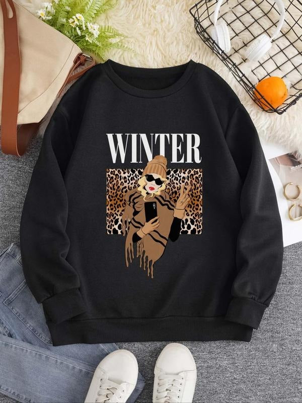 Women's Leopard Graphic Print Round Neck Sweatshirt, Fashion Casual Crew Neck Long Sleeve Pullover for Daily Wear,...