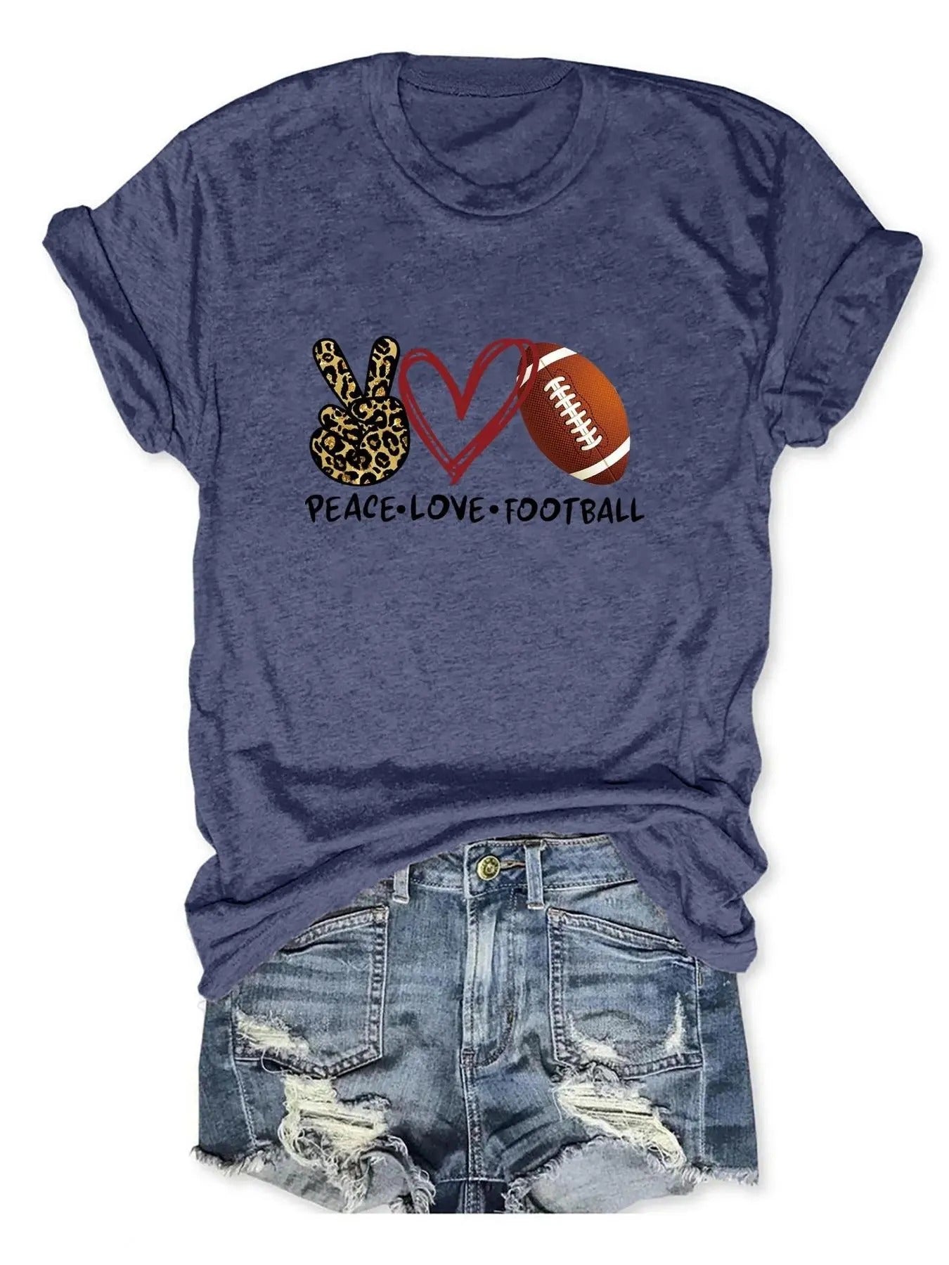 Women's Leopard Hand & Heart & Rugby Print Short Sleeve Tee, Casual Letter Graphic Round Neck T-shirt for Daily Wear,...