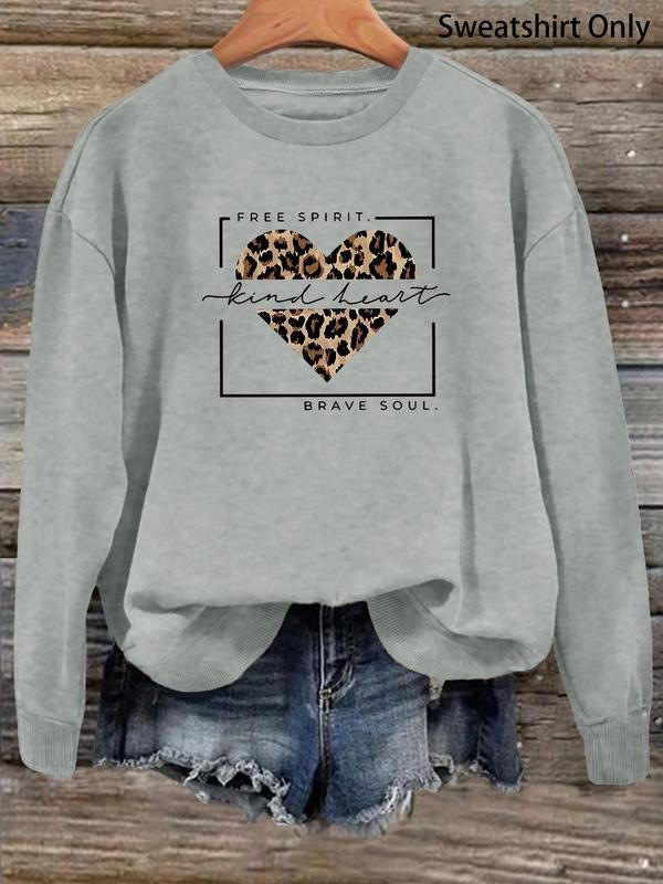 Women's Leopard Heart & Letter Print Drop Shoulder Sweatshirt, Casual Long Sleeve Crew Neck Pullover, Ladies Fall &...