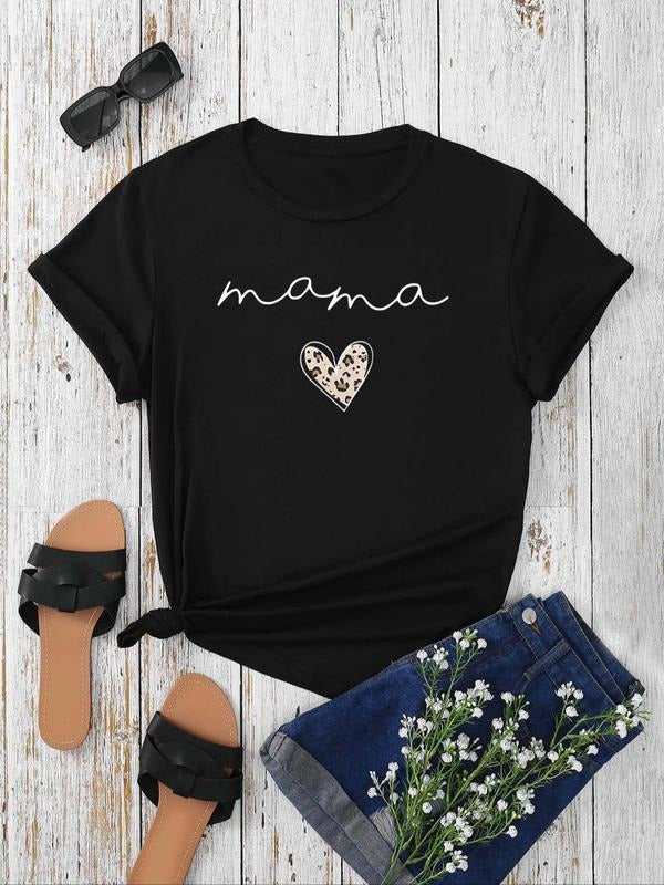 Women's Leopard Heart & Letter Print Round Neck Tee, Casual Short Sleeve Crew Neck T-Shirt, Fashion Women's Top for Daily...
