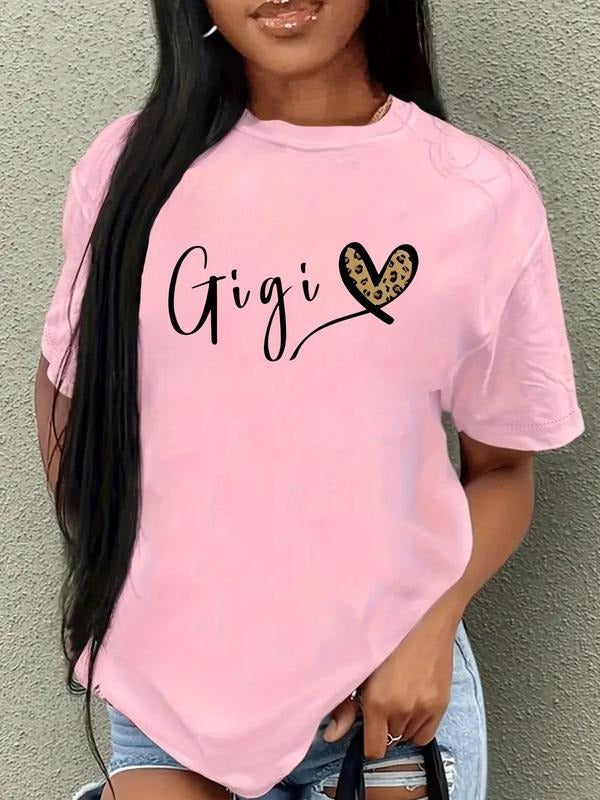Women's Leopard Heart & Letter Print Round Neck Tee, Trendy Casual Drop Shoulder Short Sleeve T-shirt for Daily Wear,...