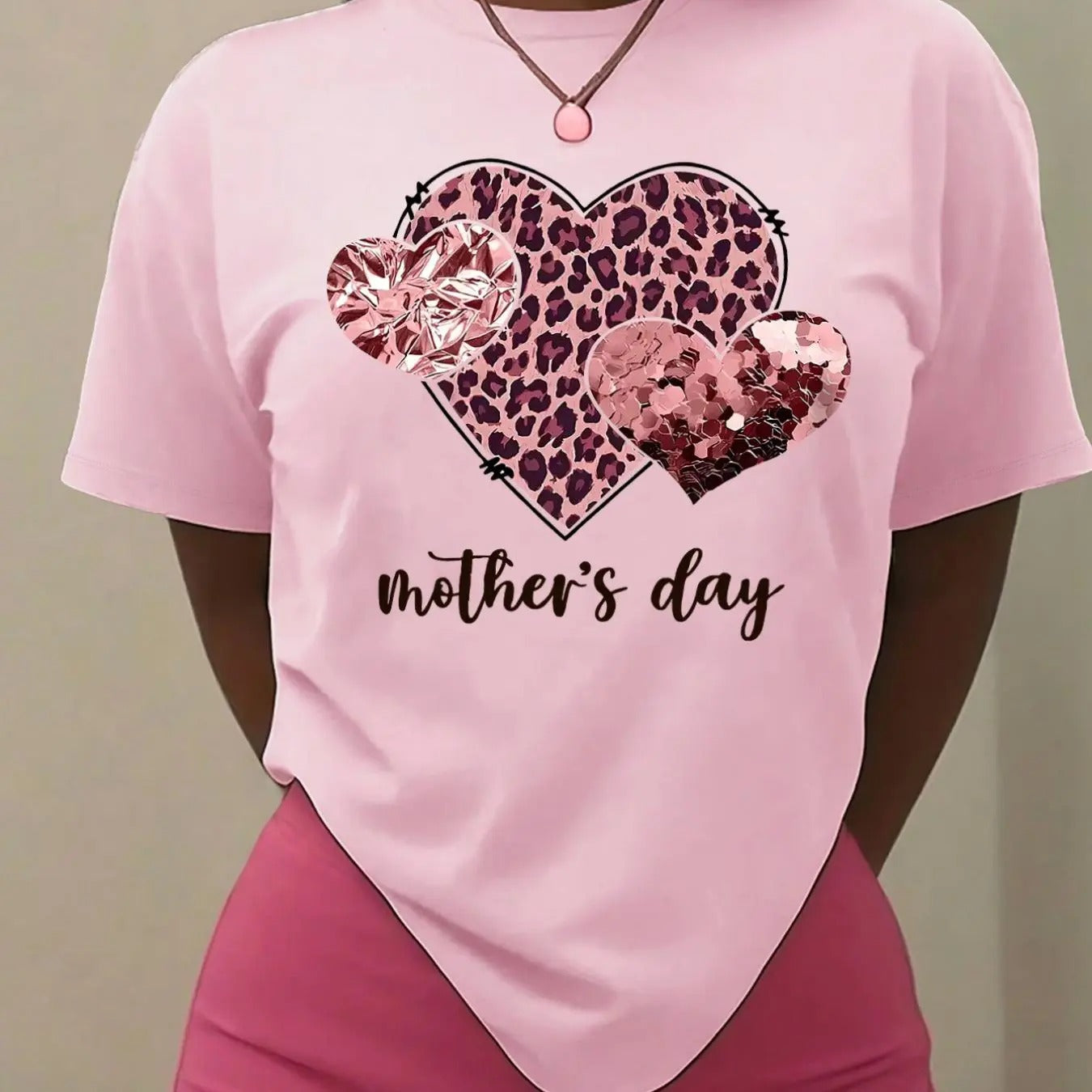 Women's Leopard Heart & Letter Print Tee, Fashion Casual Crew Neck Short Sleeve T-shirt for Daily Holiday Vacation...