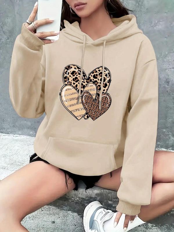 Women's Leopard Heart Print Drop Shoulder Hoodie, Fashion Casual Drawstring Pocket Hooded Sweatshirt for Daily Holiday...
