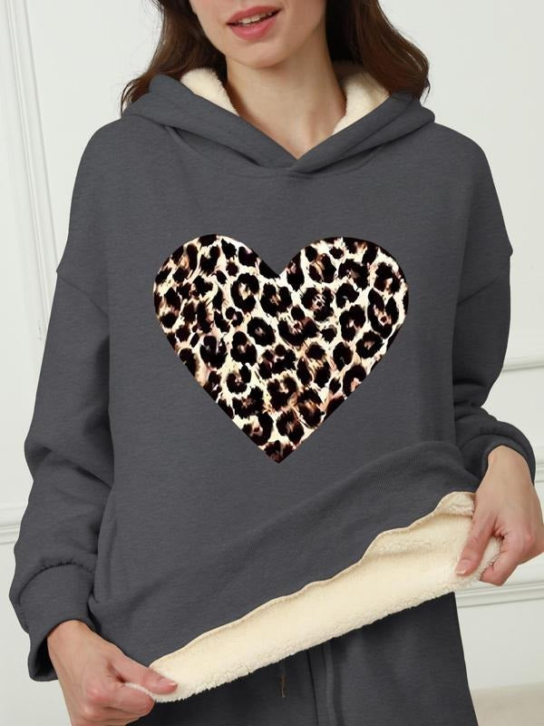 Women's Leopard Heart Print Drop Shoulder Hoodie, Fashion Casual Long Sleeve Hooded Sweatshirt for Daily Holiday Outdoor...