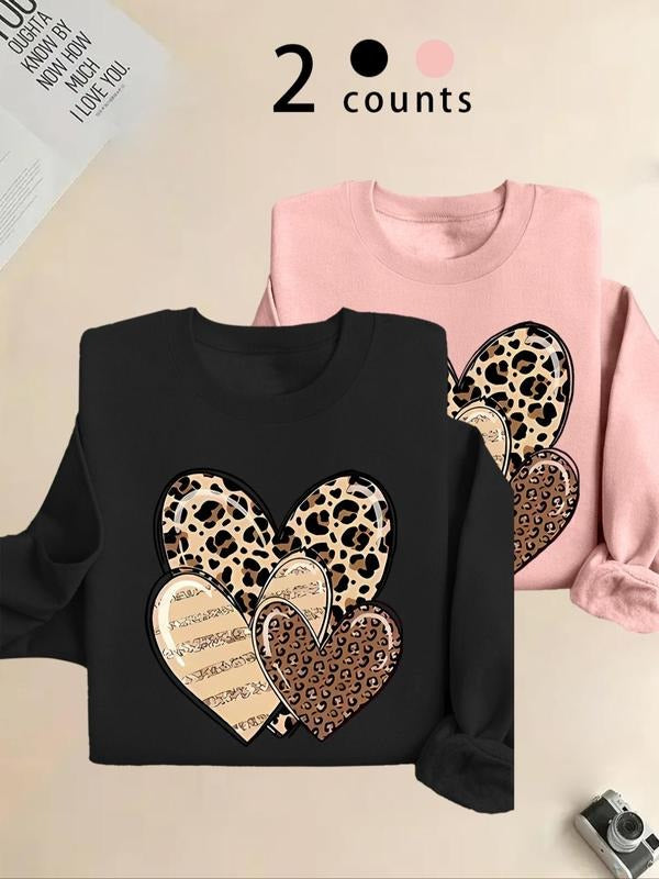 Women's Leopard Heart Print Pullover Sweatshirt, Casual Long Sleeve Round Neck Sweatshirt for Fall & Winter, Ladies...