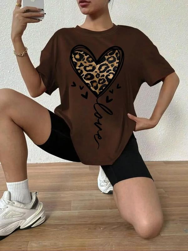 Women's Leopard Heart Print Round Neck Graphic Tee, Vintage Trendy Casual Drop Shoulder Short Sleeve T-shirt For Daily...