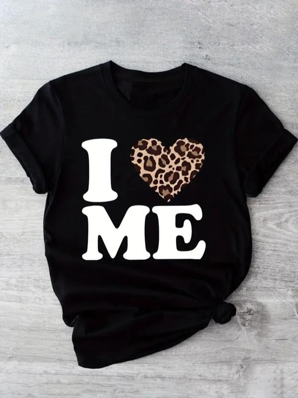 Women's Leopard Heart Print Round Neck Short Sleeve T-Shirt, Casual Comfortable Summer Top, Trendy Fashion for Daily Wear...