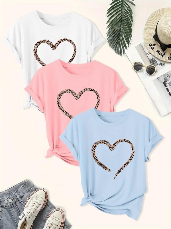 Women's Leopard Heart Print Round Neck Tee, Casual Short Sleeve Crew Neck T-shirt for Daily Wear, Ladies Clothes for All...