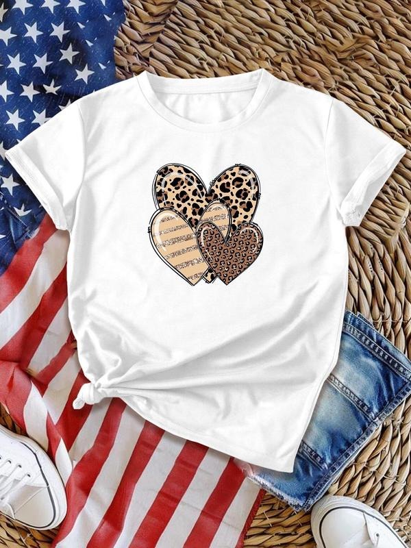 Women's Leopard Heart Print Round Neck Tee, Casual Short Sleeve Crew Neck T-shirt, Ladies Summer Clothes for Daily Wear...