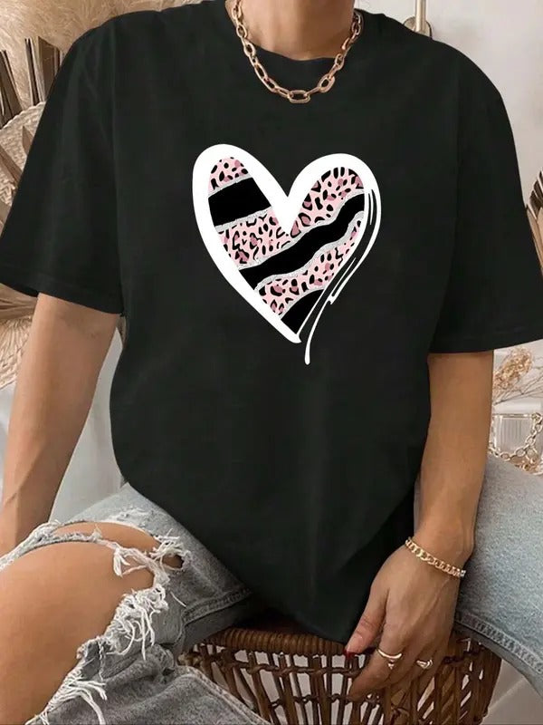Women's Leopard Heart Print Round Neck Tee, Fashion Casual Short Sleeve Crew Neck T-shirt for Daily Holiday Vacation...
