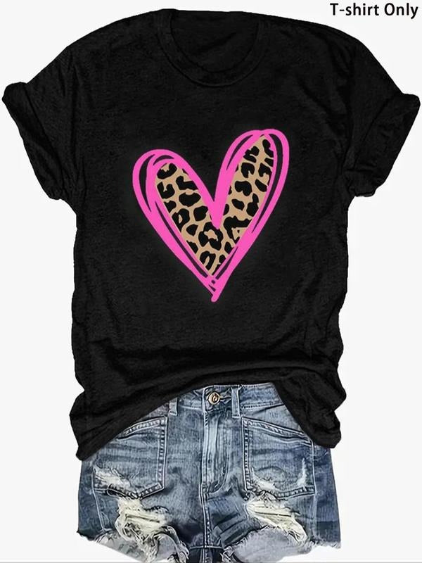 Women's Leopard Heart Print Round Neck Tee, Fashion Casual Short Sleeve T-shirt, Ladies Summer Clothes for Daily Wear...
