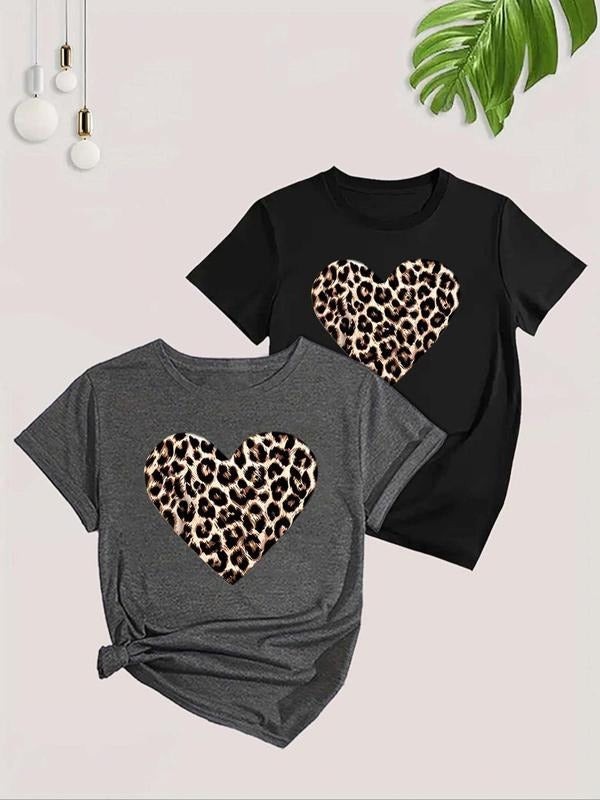 Women's Leopard Heart Print Short Sleeve Tee, Casual Round Neck T-Shirt for Summer, Ladies Clothes for Daily Wear Hoodie,...