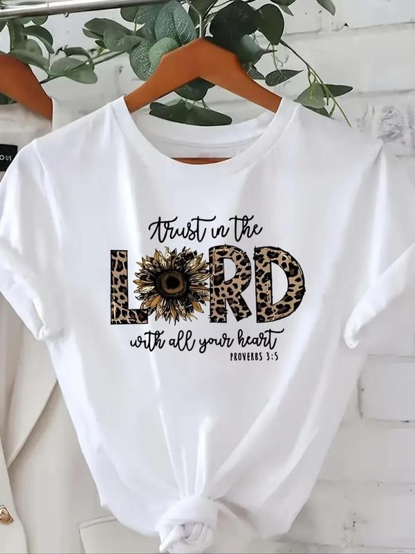 Women's Leopard Letter & Floral Print Tee, Trendy Round Neck Short Sleeve T-Shirt, Ladies All Seasons Outfit Hoodie,...