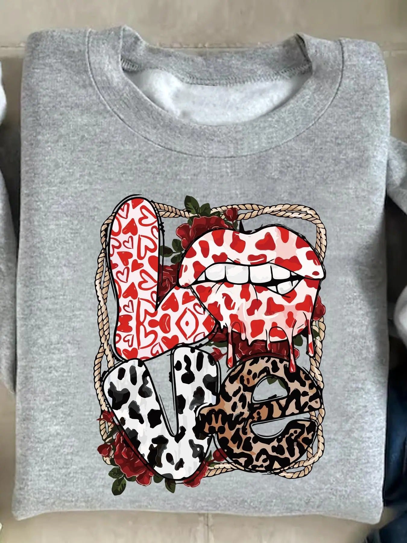 Women's Leopard Letter & Rose Print Round Neck Pullover Sweatshirt, Fashion Casual Crew Neck Sweatshirt for Daily Holiday...