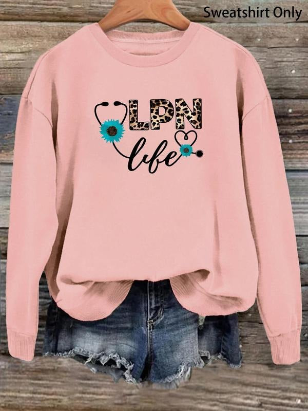 Women's Leopard Letter & Stethoscope Print Drop Shoulder Sweatshirt, Casual Long Sleeve Round Neck Pullover for Fall &...