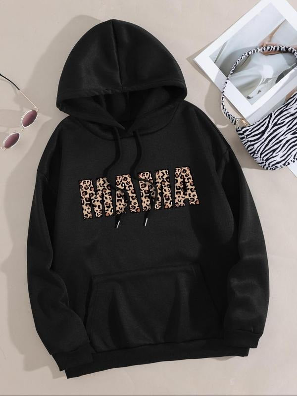 Women's Leopard Letter Print Drop Shoulder Long Sleeve Drawstring Hoodie, Comfort Pullover Tops for Lady, Pocket Hooded...