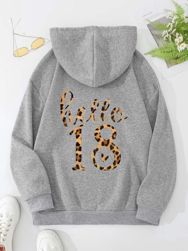 Women's Leopard Letter Print Kangaroo Pocket Hoodie, Casual Long Sleeve Hooded Sweatshirt for Fall & Winter, Ladies Tops...