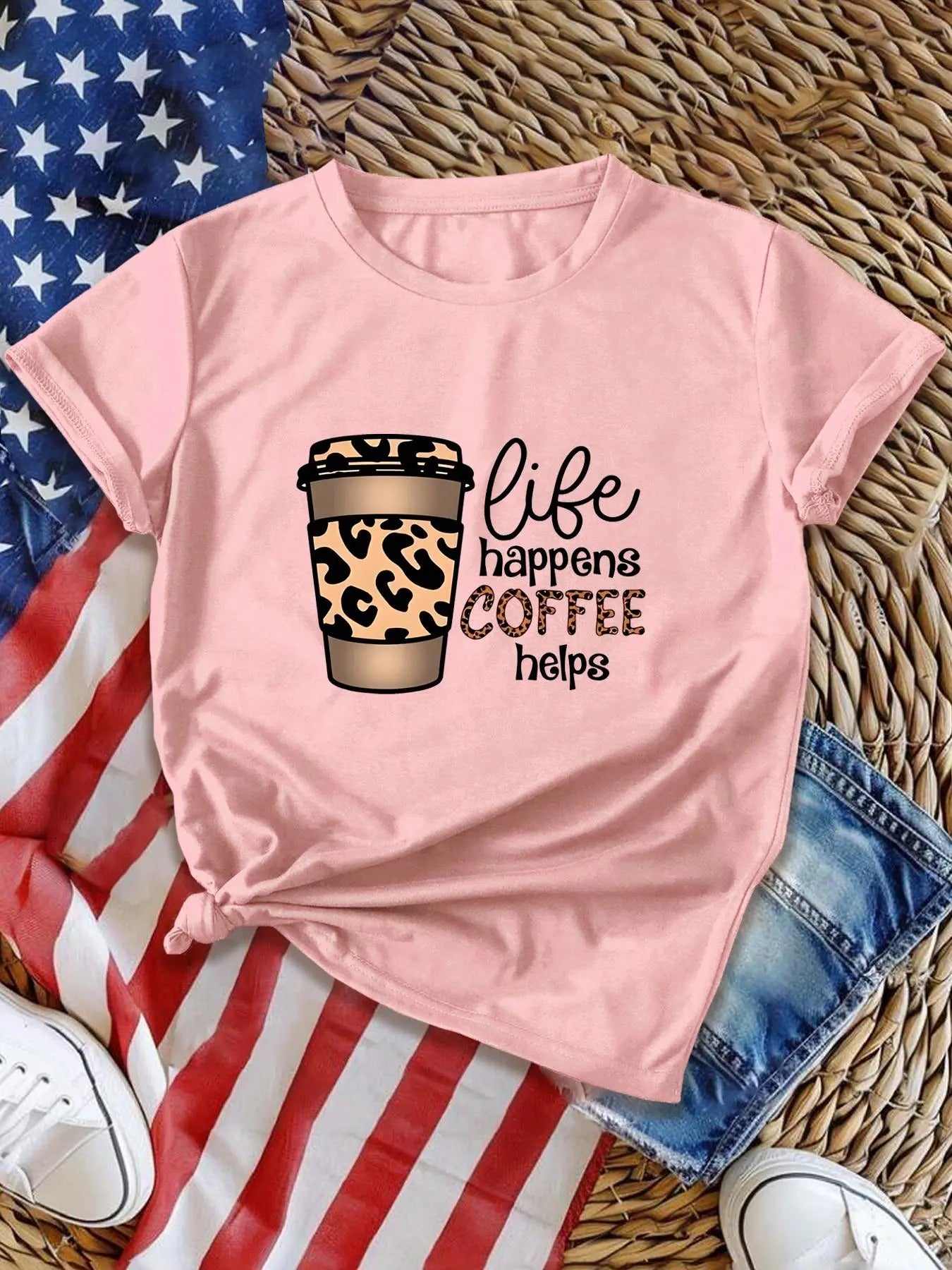 Women's Leopard Letter Print Round Neck Tee, Casual Drinks Graphic Short Sleeve T-Shirt for Daily Wear, Ladies Clothes...