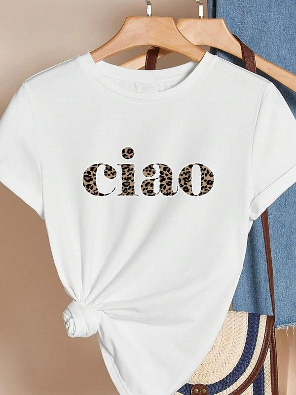 Women's Leopard Letter Print Round Neck Tee, Casual Short Sleeve Crew Neck T-Shirt for Daily Wear, Ladies Clothes for All...