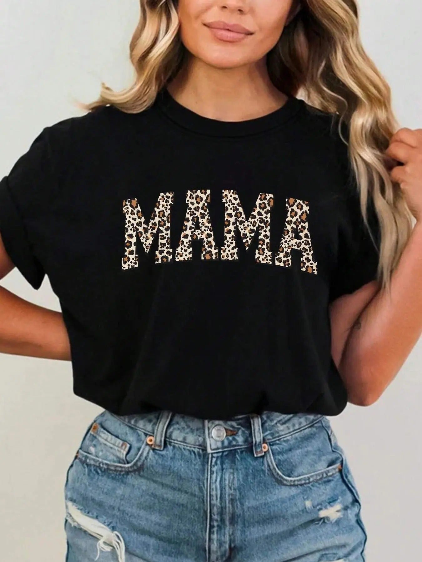 Women's Leopard Letter Print Round Neck Tee, Fashion Casual Crew Neck Short Sleeve T-Shirt for Daily Holiday Vacation...