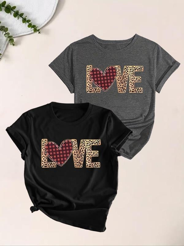 Women's Leopard Letter Print Short Sleeve Tee, Casual Plaid Heart Print Round Neck T-shirt for Summer, Fashion Simple...