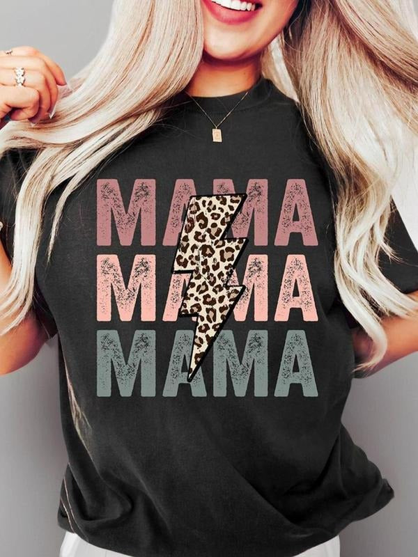 Women's Leopard Lightning & Letter Print Round Neck Tee, Fashion Casual Short Sleeve T-Shirt for Daily Wear, Ladies...