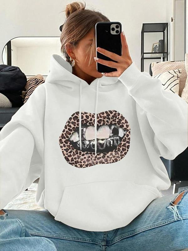 Women's Leopard Lip Print Drop Shoulder Hoodie, Fashion Casual Drawstring Pocket Hooded Sweatshirt for Daily Holiday...