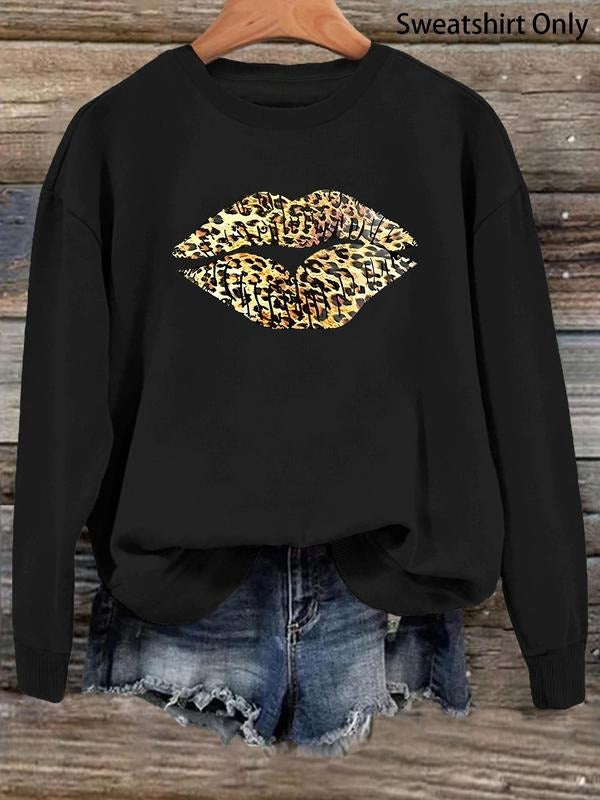 Women's Leopard Lip Print Drop Shoulder Sweatshirt, Casual Long Sleeve Round Neck Pullover For Fall & Winter, Ladies...