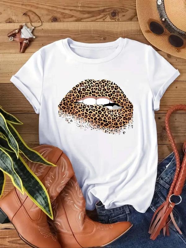 Women's Leopard Lip Print Round Neck Tee, Casual Graphic Short Sleeve T-shirt For Daily Wear, Ladies Summer Outfit...