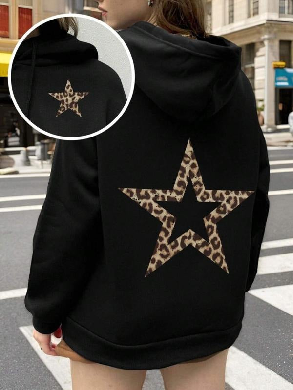 Women's Leopard Print Drop Shoulder Hoodie, Fashion Casual Drawstring Pocket Hooded Sweatshirt for Daily Holiday Outdoor...