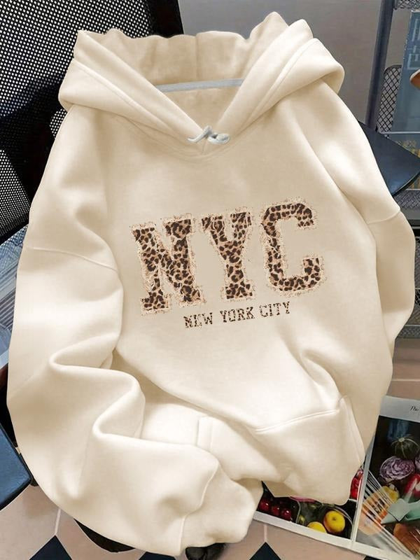 Women's Leopard Print Hooded Sweatshirt, Nyc Letter Design, Casual Loose Fit, Comfortable Fall & Winter Wear, Daily...