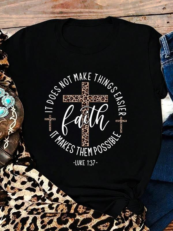 Women's Leopard Print Letter Cross Pendant Round Neck Short Sleeve T-Shirt, Casual Loose Fit, Soft Breathable Fabric,...