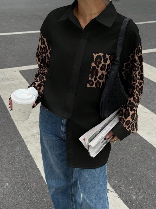 Women's Leopard Print Patchwork Shirt, Stylish Casual Blouse, Perfect for Daily Wear, Trendy Fashion Clothing Hoodie,...