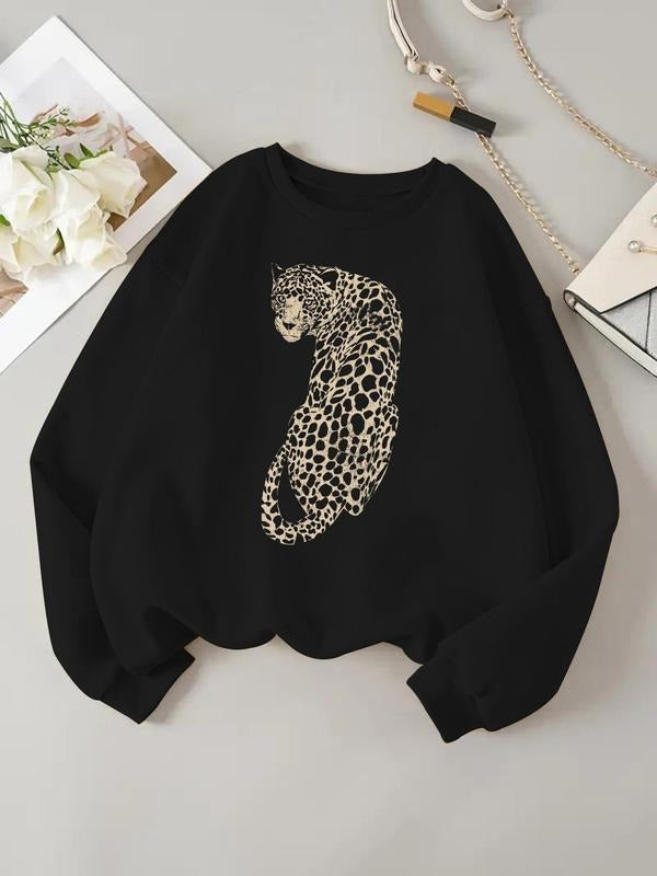 Women's Leopard Print Round Neck Pullover, Fashion Casual Crew Neck Sweatshirt for Daily Holiday Outdoor Wear, Women...