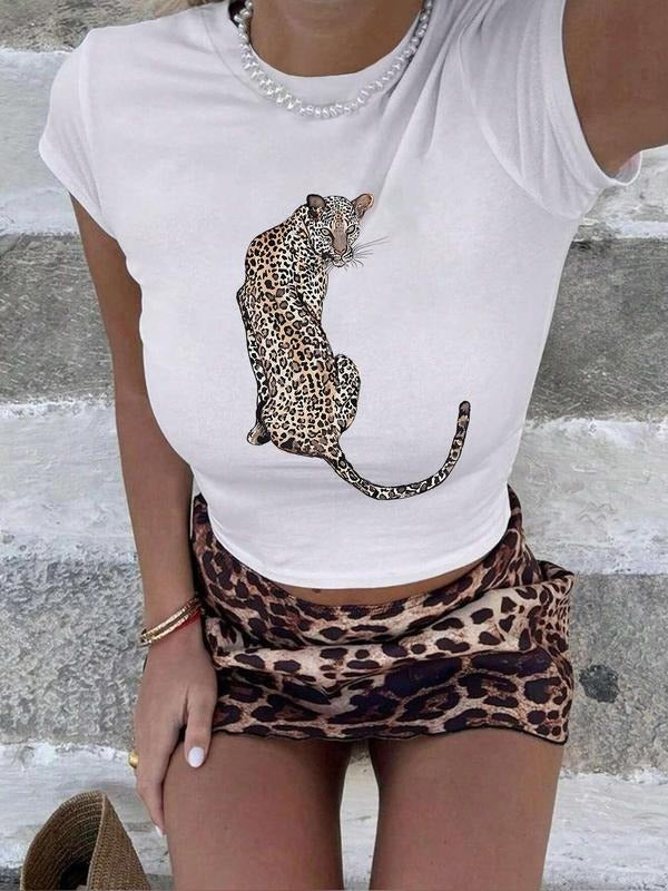 Women's Leopard Print Round Neck Tee, Fashion Casual Crew Neck T-Shirt for Daily Holiday Vacation Outdoor Wear, Ladies...