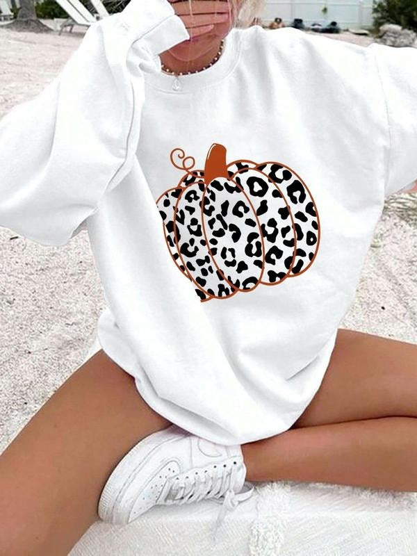 Women's Leopard Pumpkin Print Drop Shoulder Sweatshirt, Casual Long Sleeve Round Neck Pullover for Fall & Winter, Ladies...