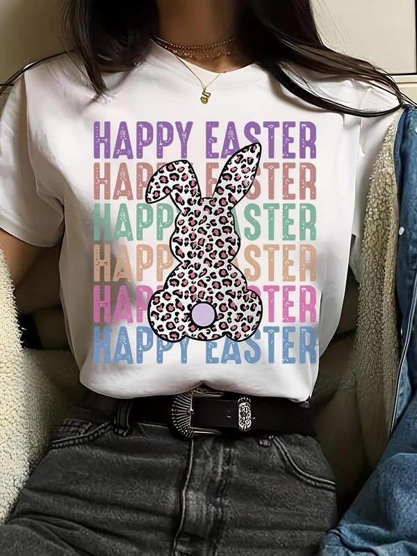 Women's Leopard Rabbit & Letter Print Round Neck Tee, Casual Short Sleeve Graphic T-shirt, Ladies All Seasons Outfit for...