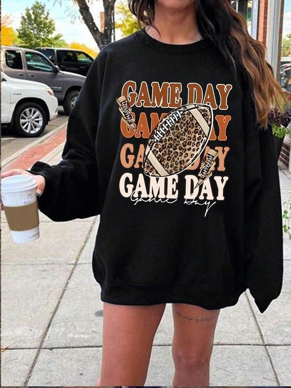 Women's Leopard Rugby & Letter Print Drop Shoulder Sweatshirt, Casual Long Sleeve Round Neck Pullover for Daily Wear,...