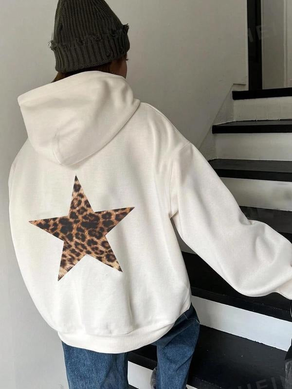 Leopard Star Print Drawstring Pocket Casual Drop Shoulder Long Sleeve Hooded Fall & Winter 90s Clothes Daily T-Shirts, Hoodie, Sweatshirt