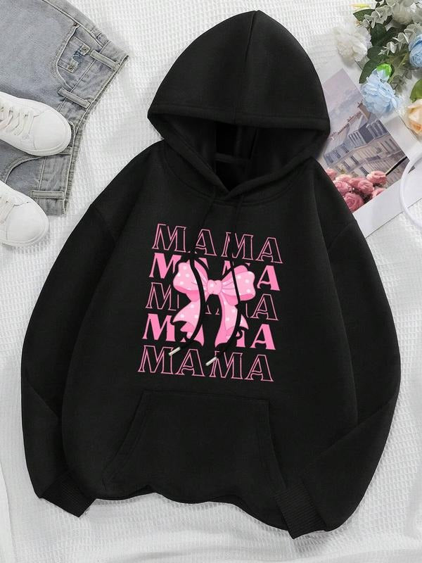 Women's Letter  & Bow Print Drop Shoulder Thermal Lined Hoodie, Fashion Casual Drawstring Pocket Hooded Sweatshirt for...