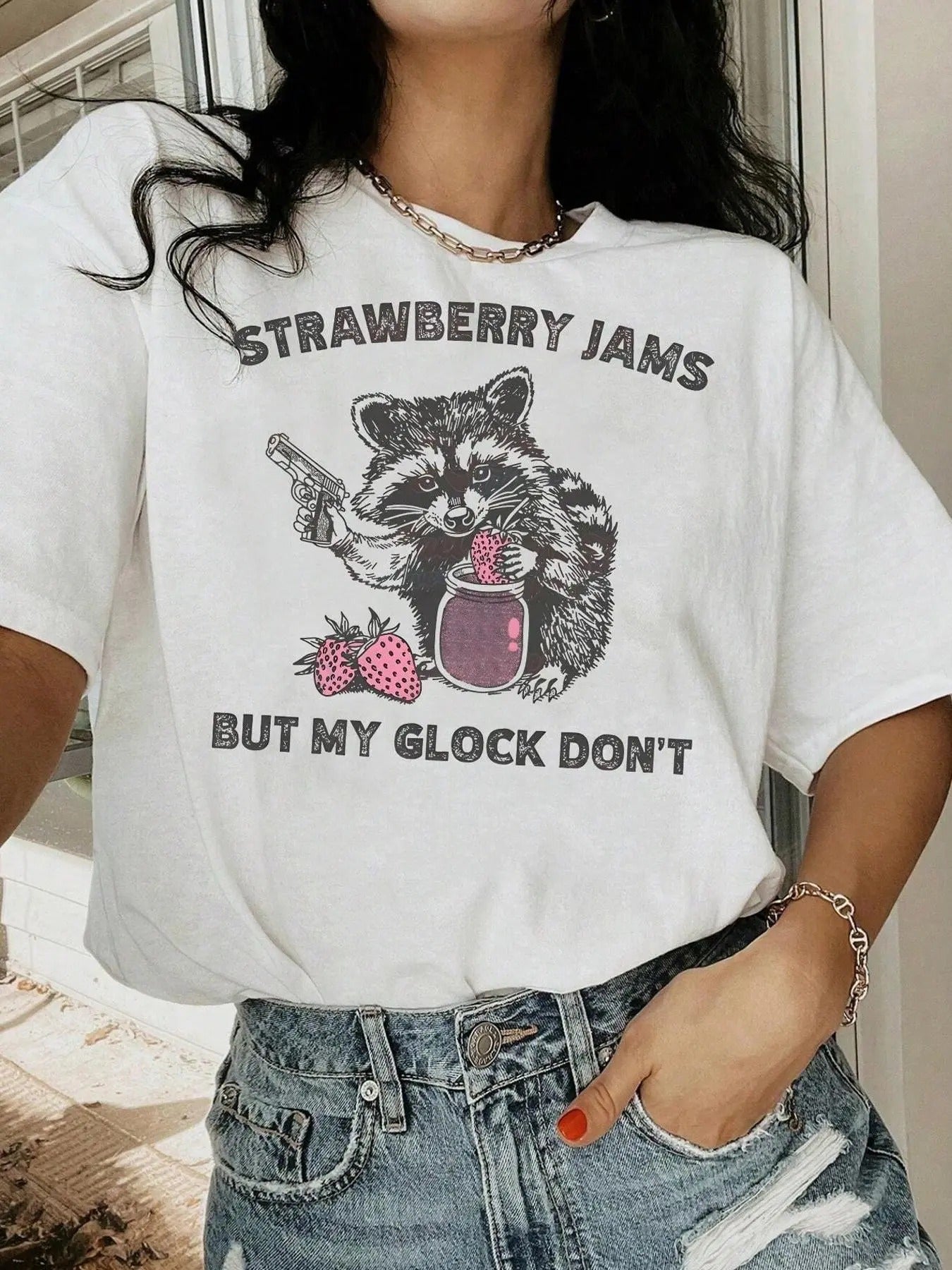 Women's Letter  & Raccoon    Short Sleeve Print T-shirt, Casual L Drop Shoulder Tee, Women's Summer Top for Daily Wear...