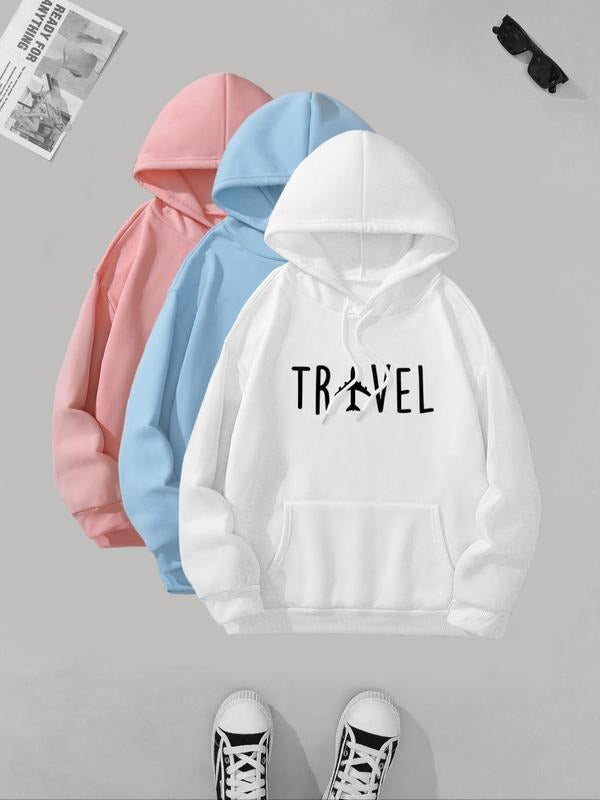 Women's Letter & Airplane Print Drop Shoulder Hoodie, Fashion Casual Drawstring Pocket Hooded Sweatshirt for Daily...