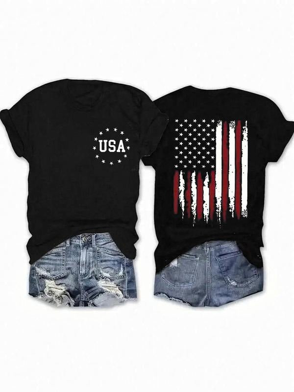 Women's Letter & American Flag Print Round Neck Tee, Casual Short Sleeve Crew Neck T-Shirt for Summer, Fashion Women's...