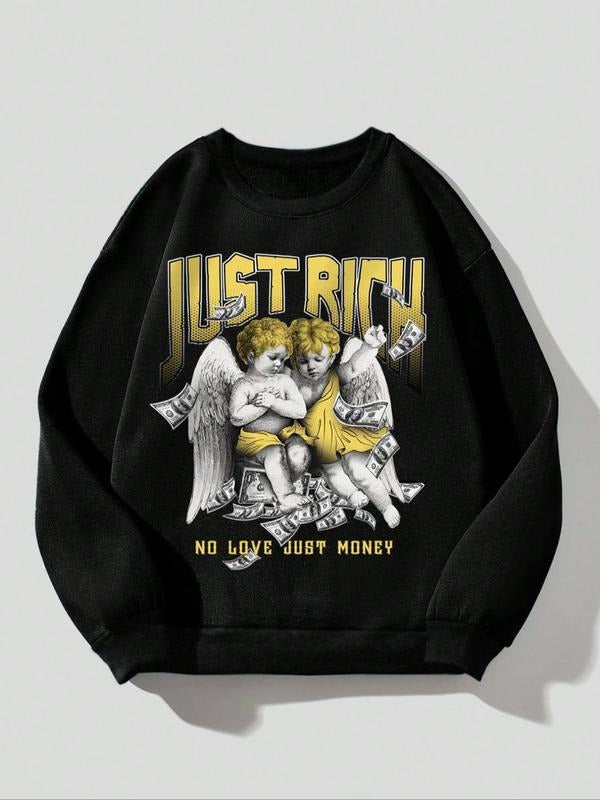 Letter & Angel Print Drop Shoulder Casual Long Sleeve Round Neck Spring & Fall Clothes Daily T-Shirts, Hoodie, Sweatshirt