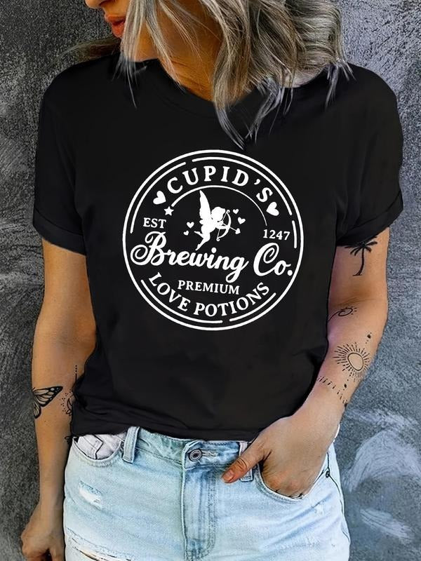 Women's Letter & Angel Print Round Neck Tee, Casual Short Sleeve Graphic T-shirt, Ladies Summer Outfit Hoodie, Sweatshirt